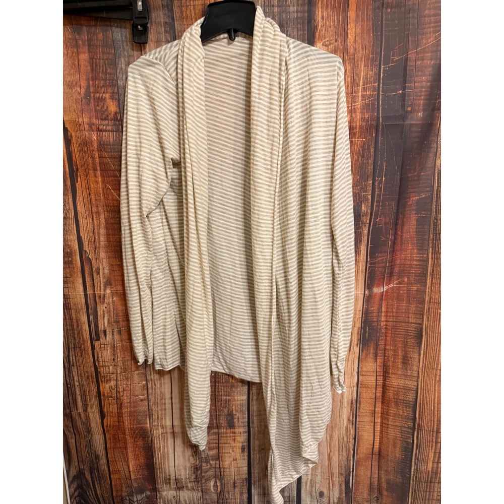 Tan and White Striped Open Front Waterfall Draped Cardigan Sweater Large